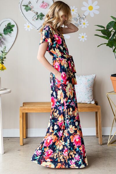 Full Size Floral Surplice Tie Waist Maxi Dress