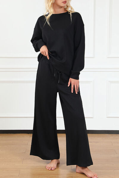 Full Size Textured Long Sleeve Top and Drawstring Pants Set