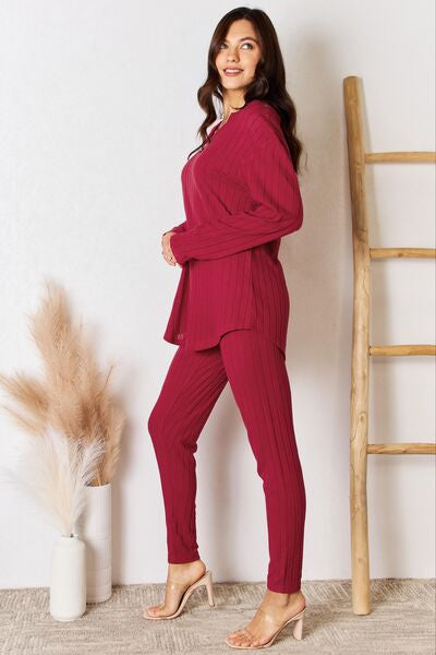 Full Size Notched Long Sleeve Top and Pants Set