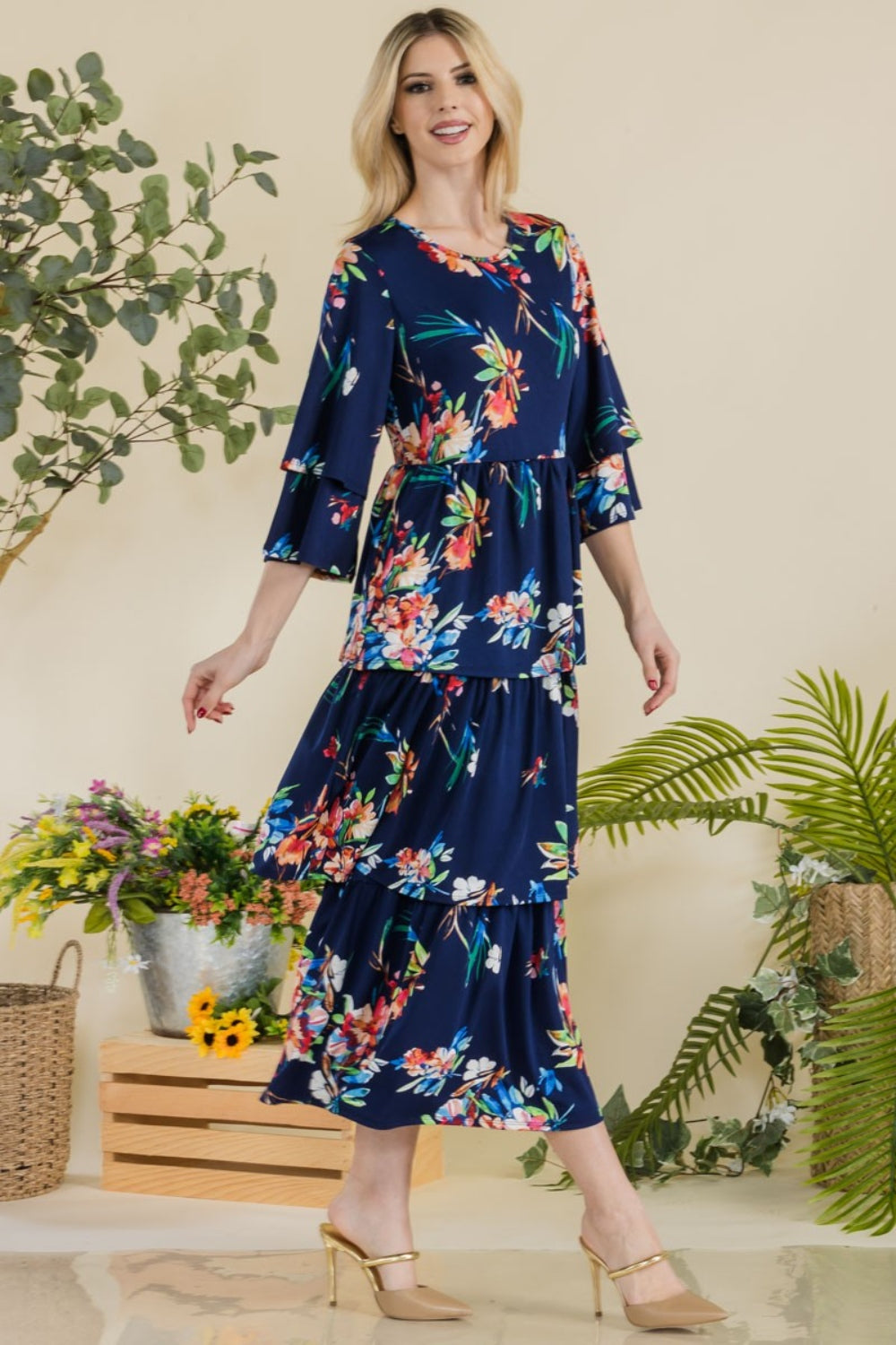 Full Size Floral Ruffle Tiered Midi Dress