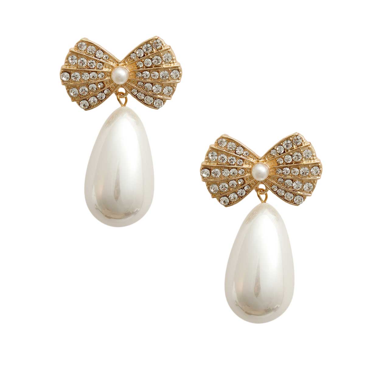 Gold Bow Pearl Teardrop Earrings