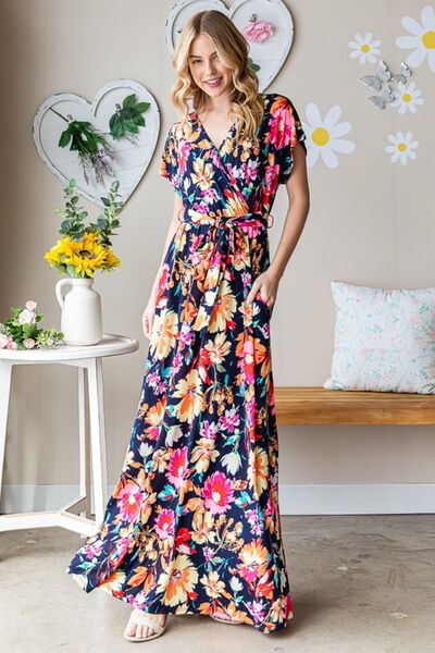 Full Size Floral Surplice Tie Waist Maxi Dress