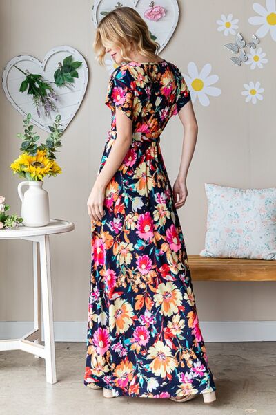 Full Size Floral Surplice Tie Waist Maxi Dress