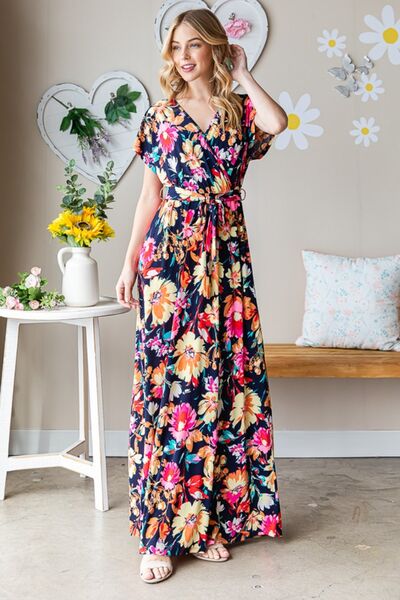 Full Size Floral Surplice Tie Waist Maxi Dress