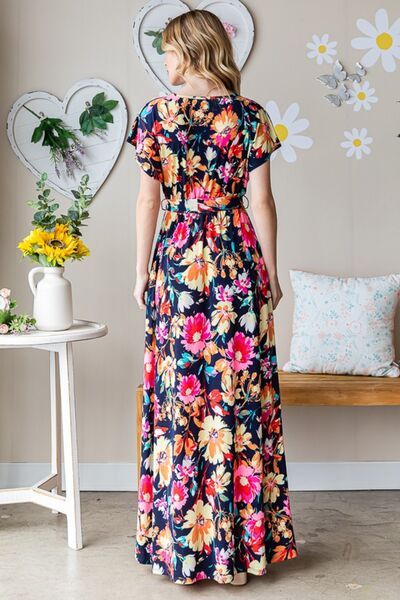 Full Size Floral Surplice Tie Waist Maxi Dress