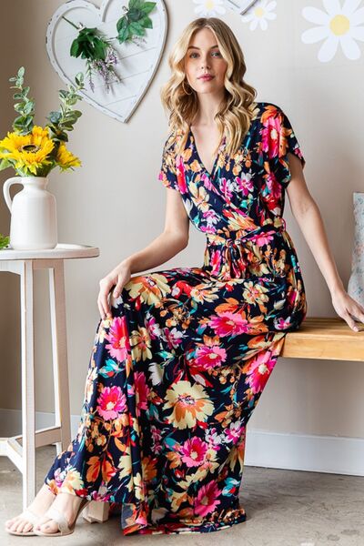 Full Size Floral Surplice Tie Waist Maxi Dress