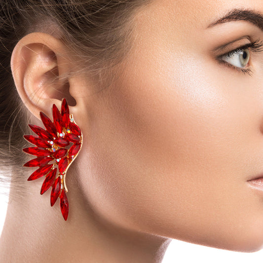 Red Rhinestone Wing Clip On Earrings