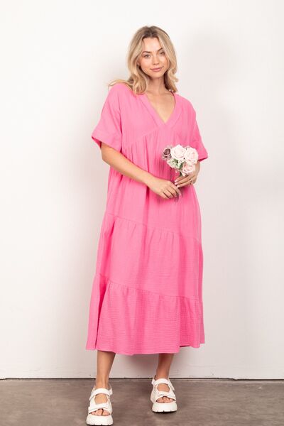 Soft Crinkle Gauze Short Sleeve Midi Dress