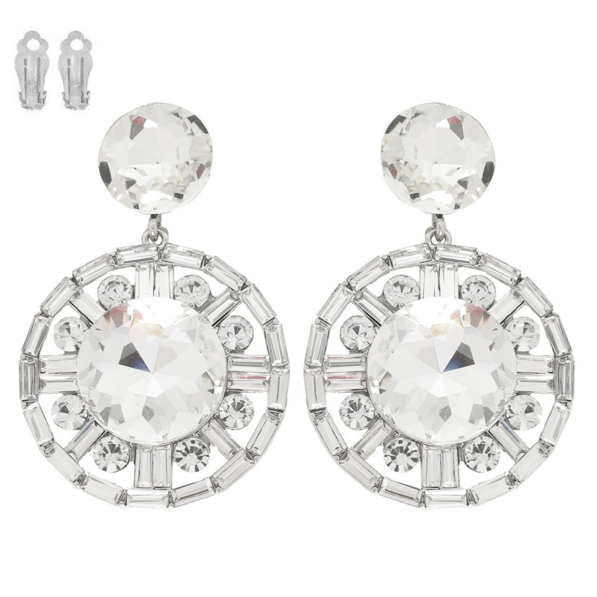 Clip On Large Silver Crystal Round Drop Earrings