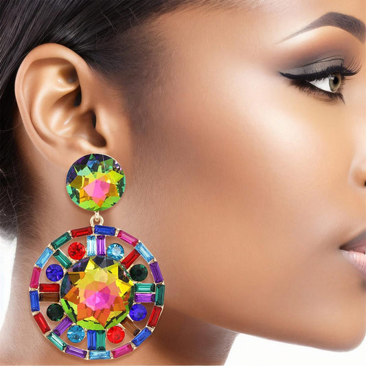 Clip On Large Multi Crystal Round Drop Earrings