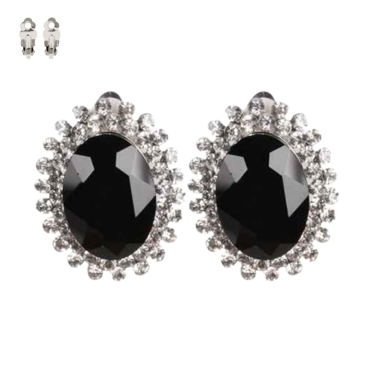 Clip On Medium Black Oval Halo Earrings for Women