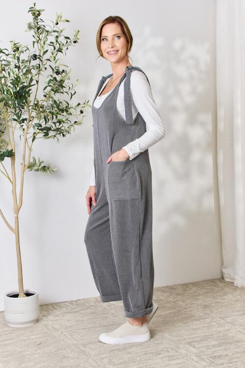 Full Size Ribbed Tie Shoulder Sleeveless Ankle Overalls