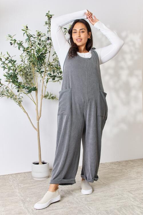 Full Size Ribbed Tie Shoulder Sleeveless Ankle Overalls