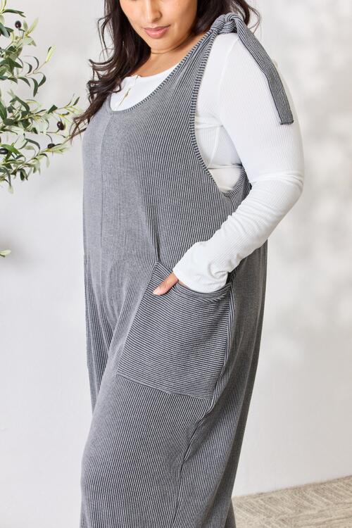 Full Size Ribbed Tie Shoulder Sleeveless Ankle Overalls