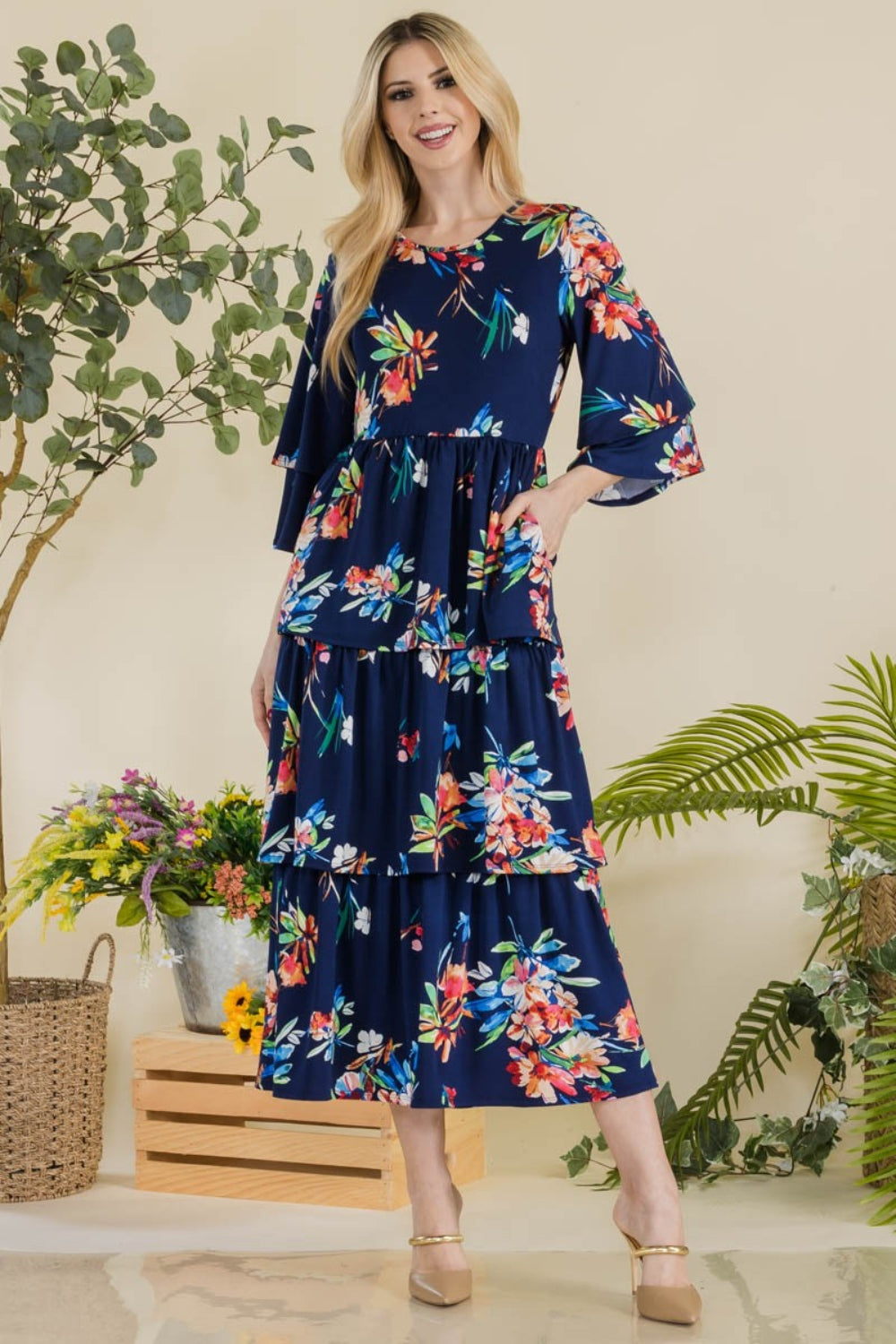 Full Size Floral Ruffle Tiered Midi Dress