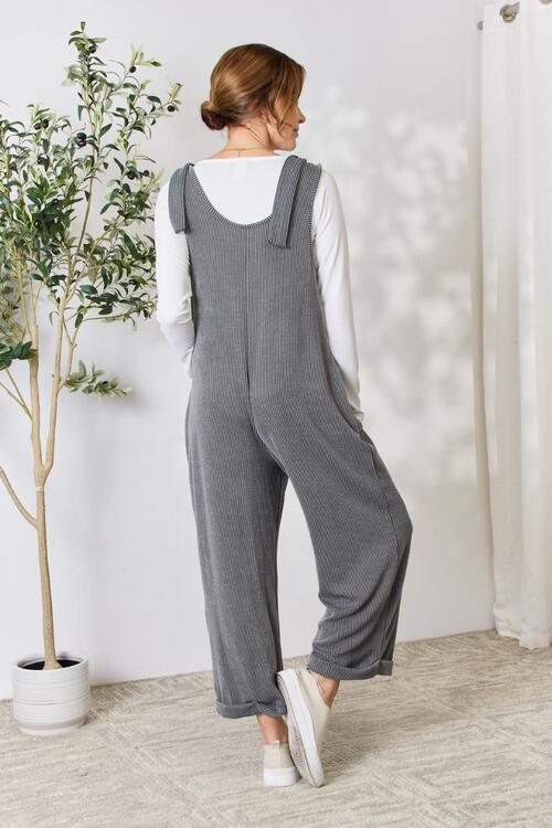 Full Size Ribbed Tie Shoulder Sleeveless Ankle Overalls