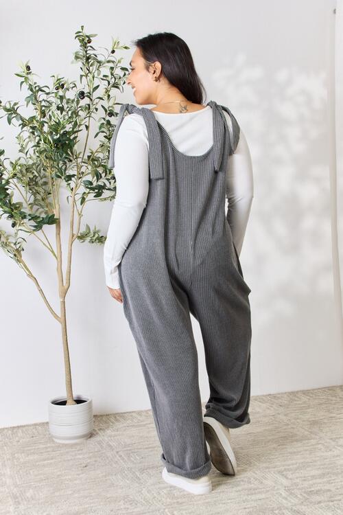 Full Size Ribbed Tie Shoulder Sleeveless Ankle Overalls