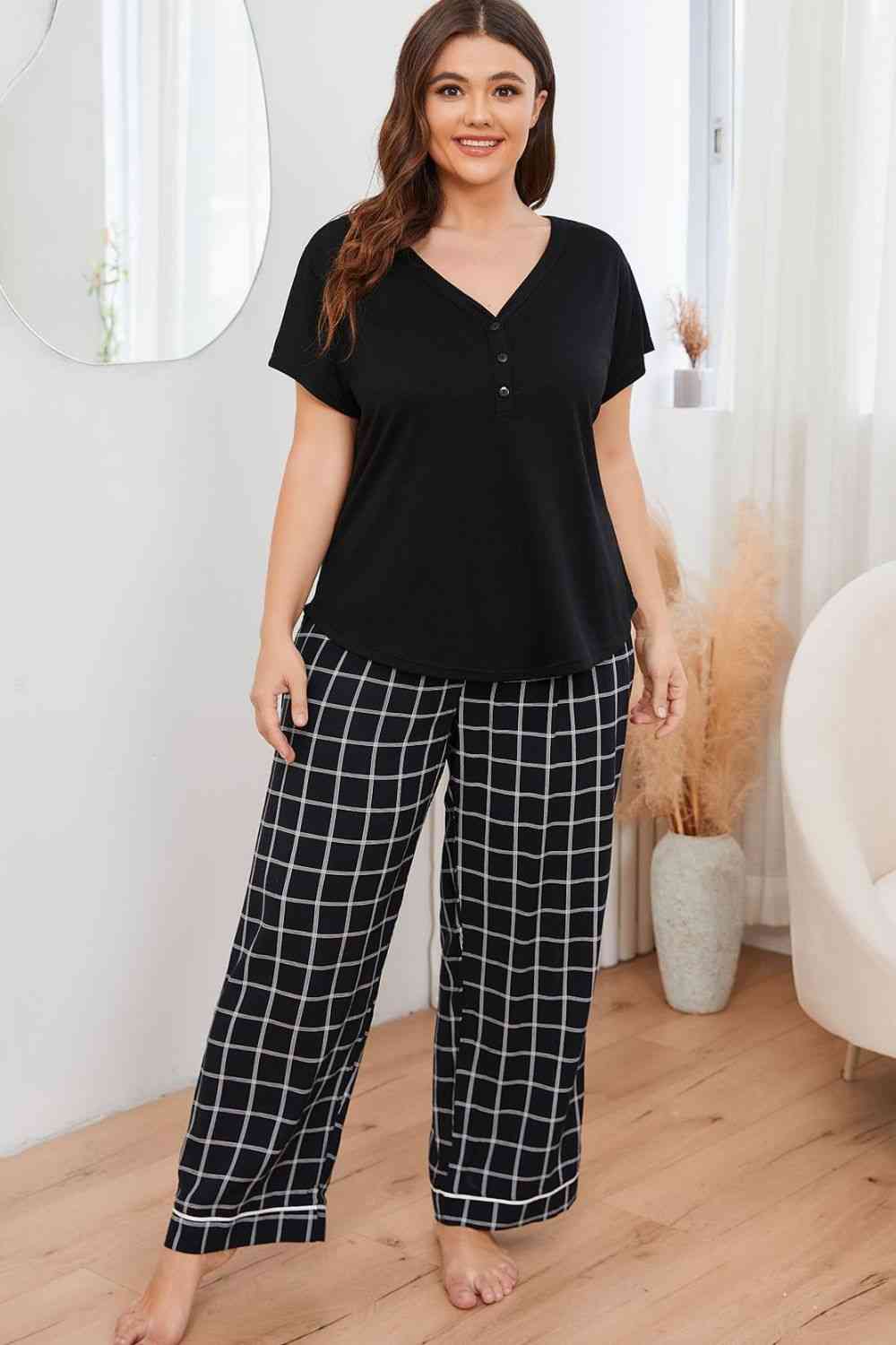 Plus Size V-Neck Top and Plaid Pants Lounge Set