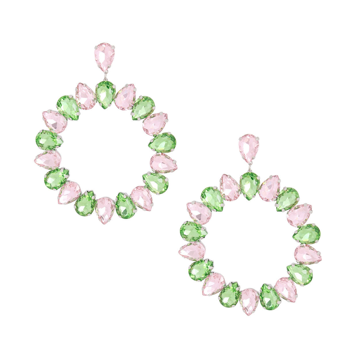 Pink Green Glass Drop Hoop Earrings