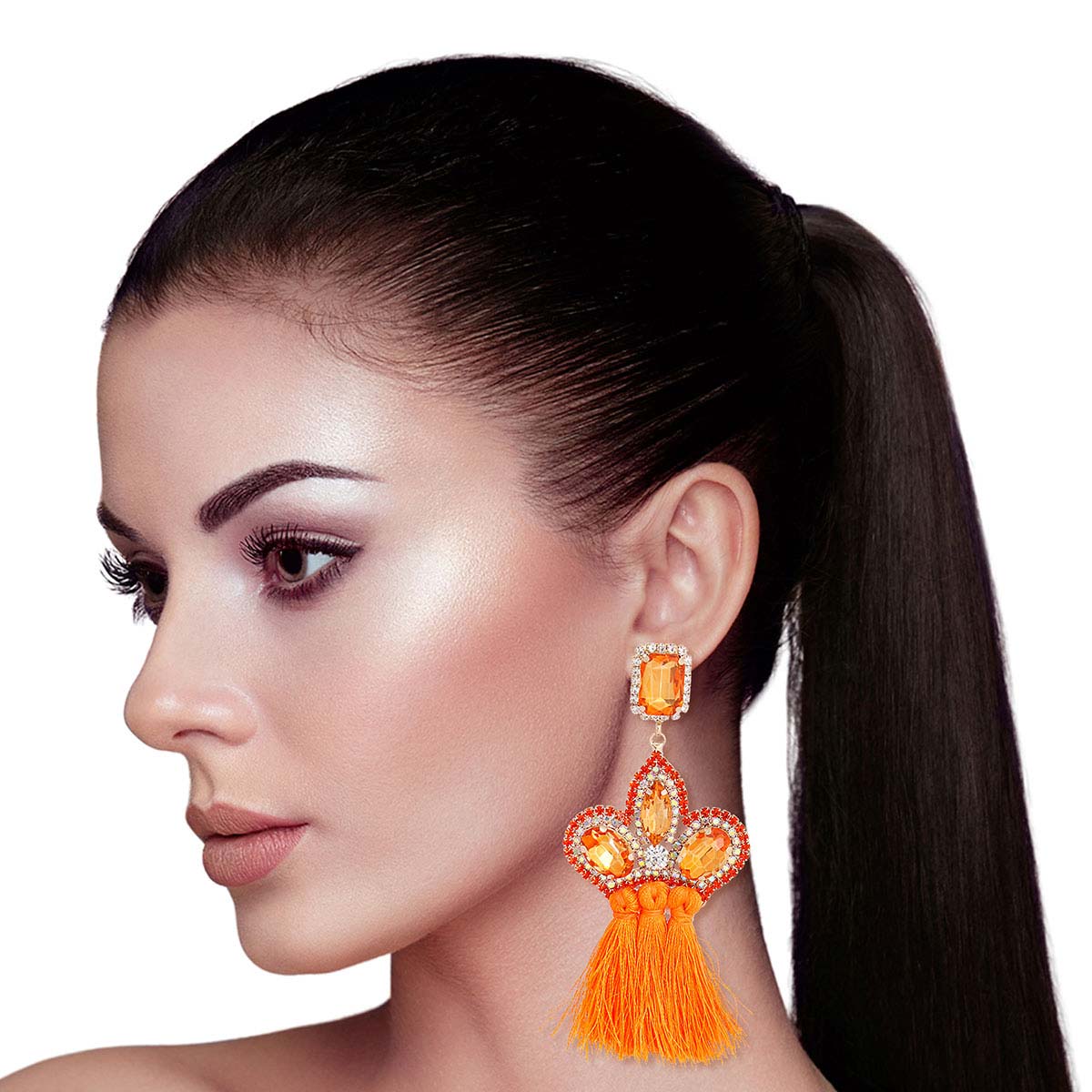 Orange Triple Tassel Stone Earrings