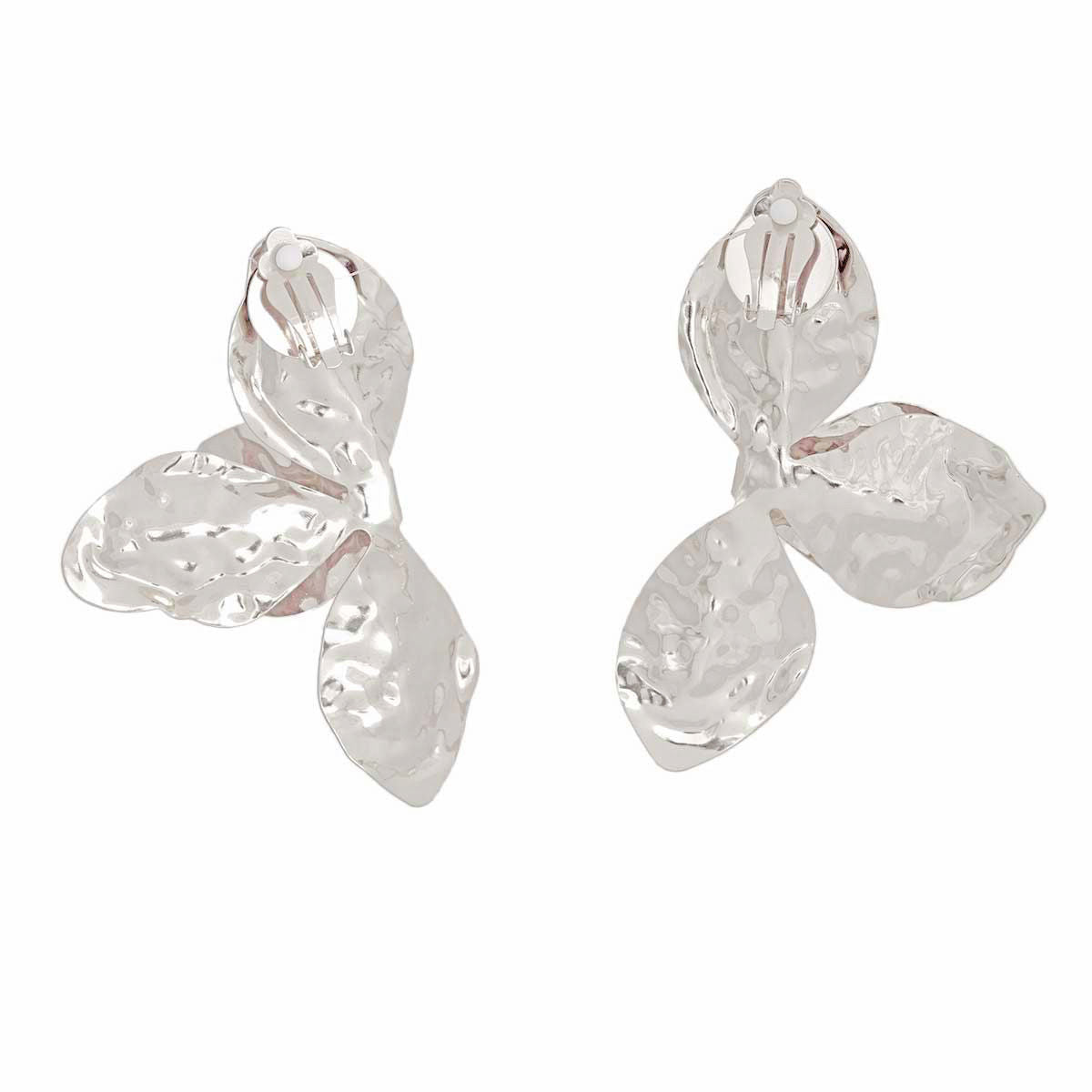 Clip On Large Silver Petal Earrings for Women