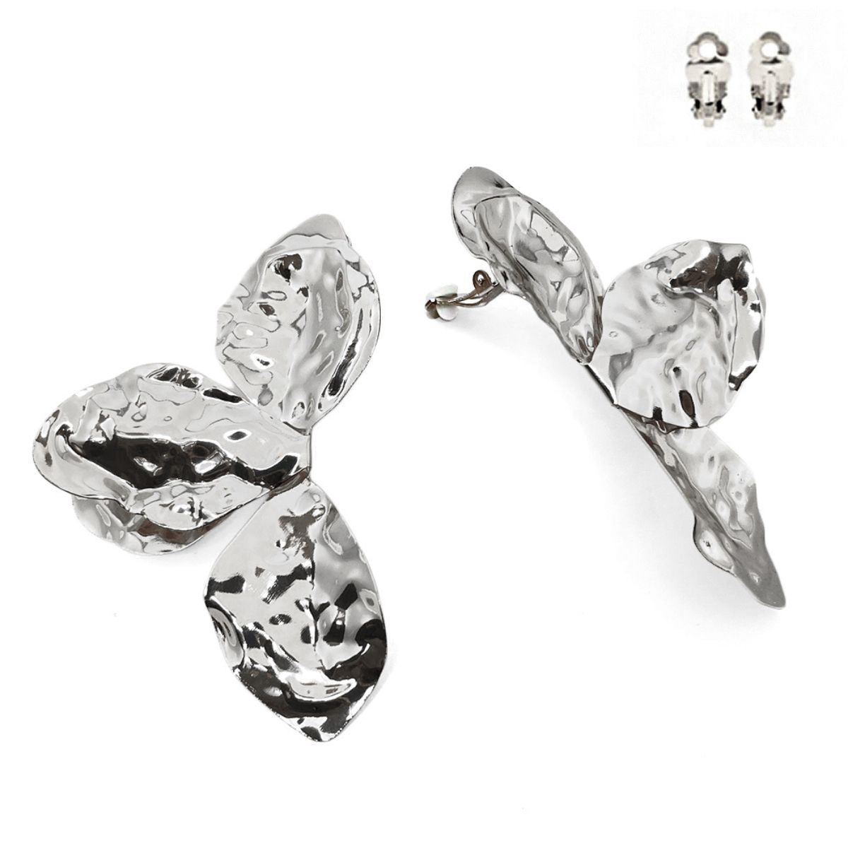 Clip On Large Silver Petal Earrings for Women