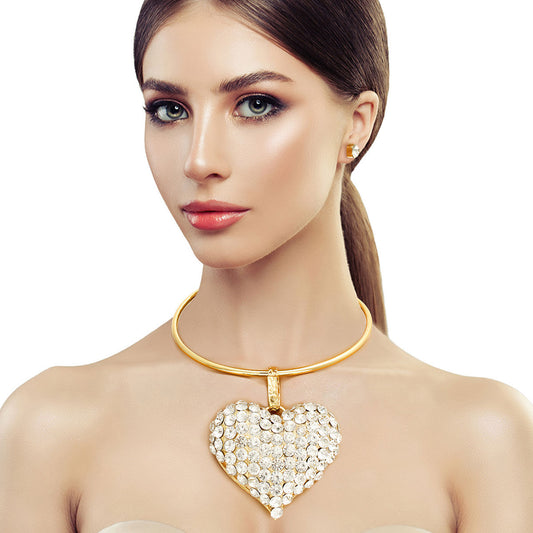 Gold Rigid Collar XL Rhinestone Heart Set