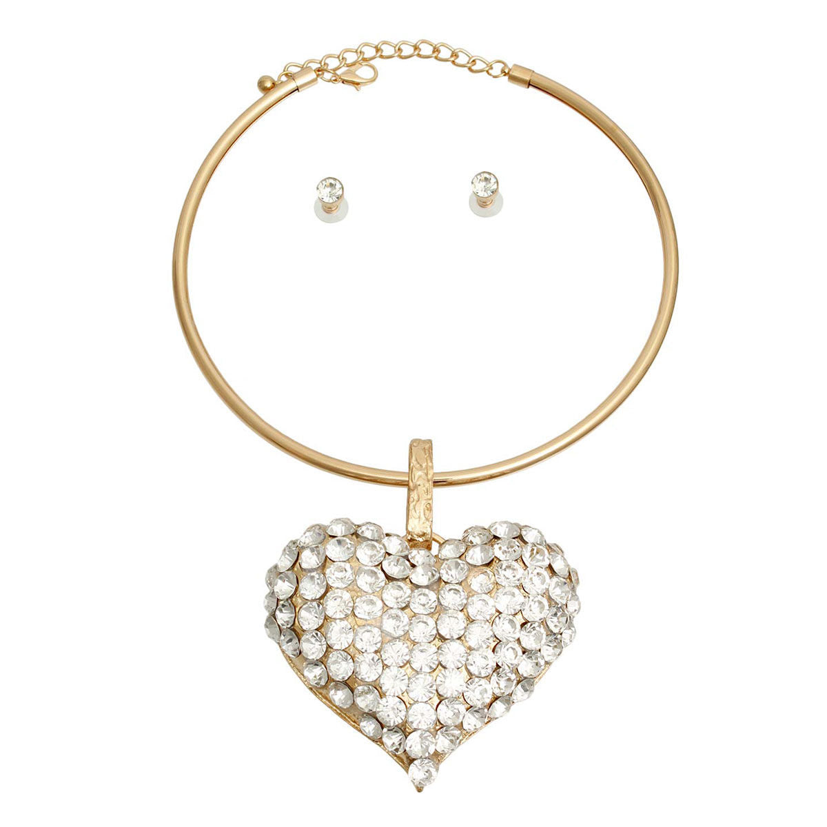 Gold Rigid Collar XL Rhinestone Heart Set