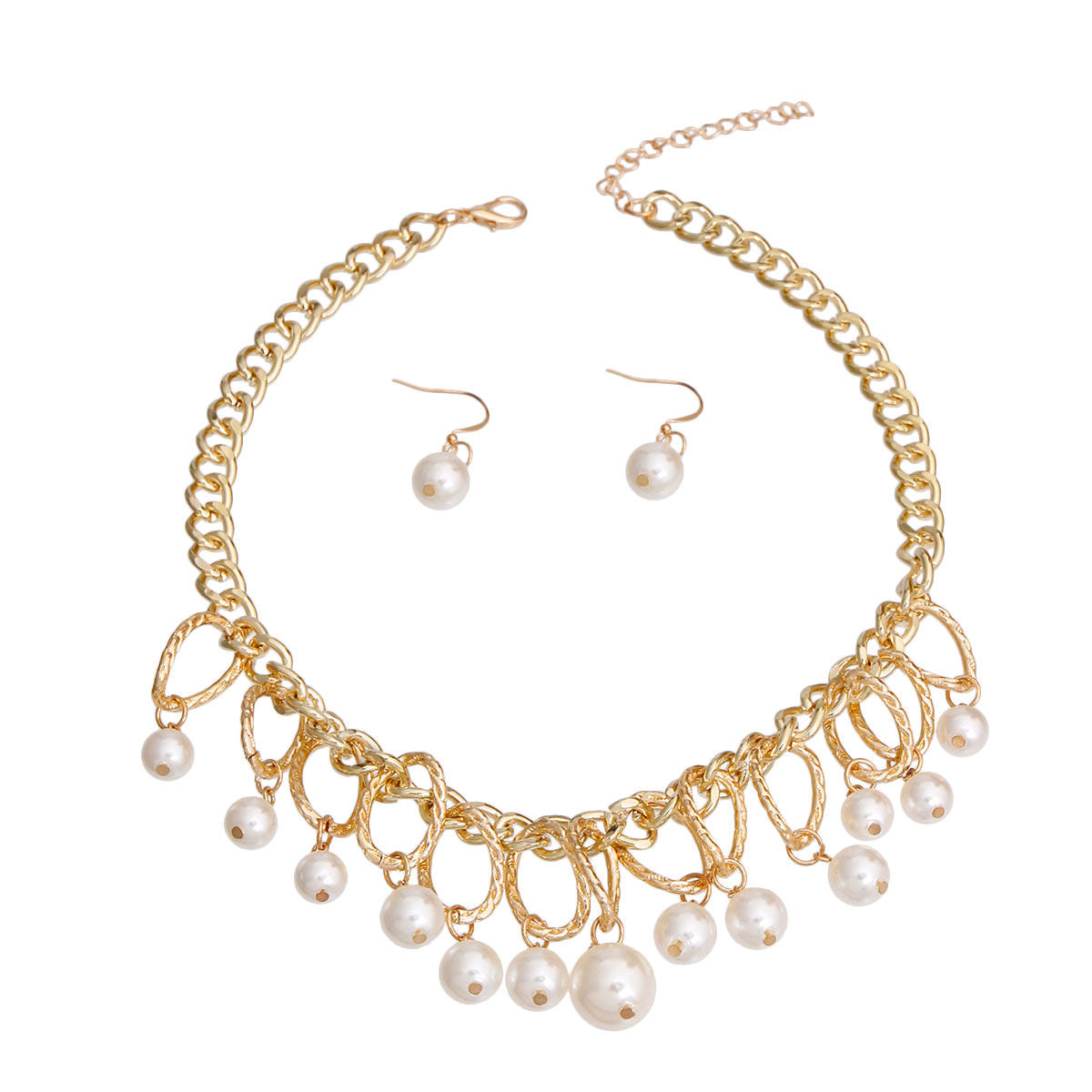 Gold Textured Link Pearl Drop Set