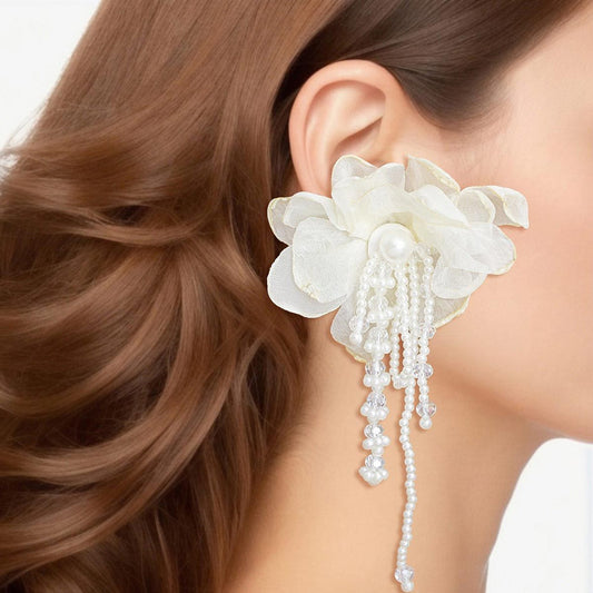 Drop Cream Fabric Flower Pearl Earrings for Women