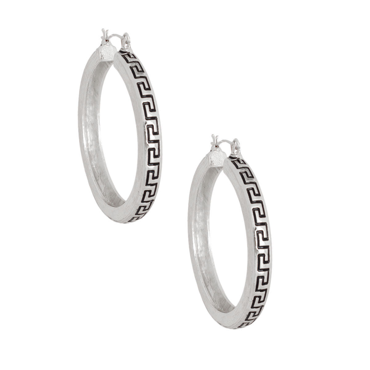 Silver Greek Key Latch Back Hoops