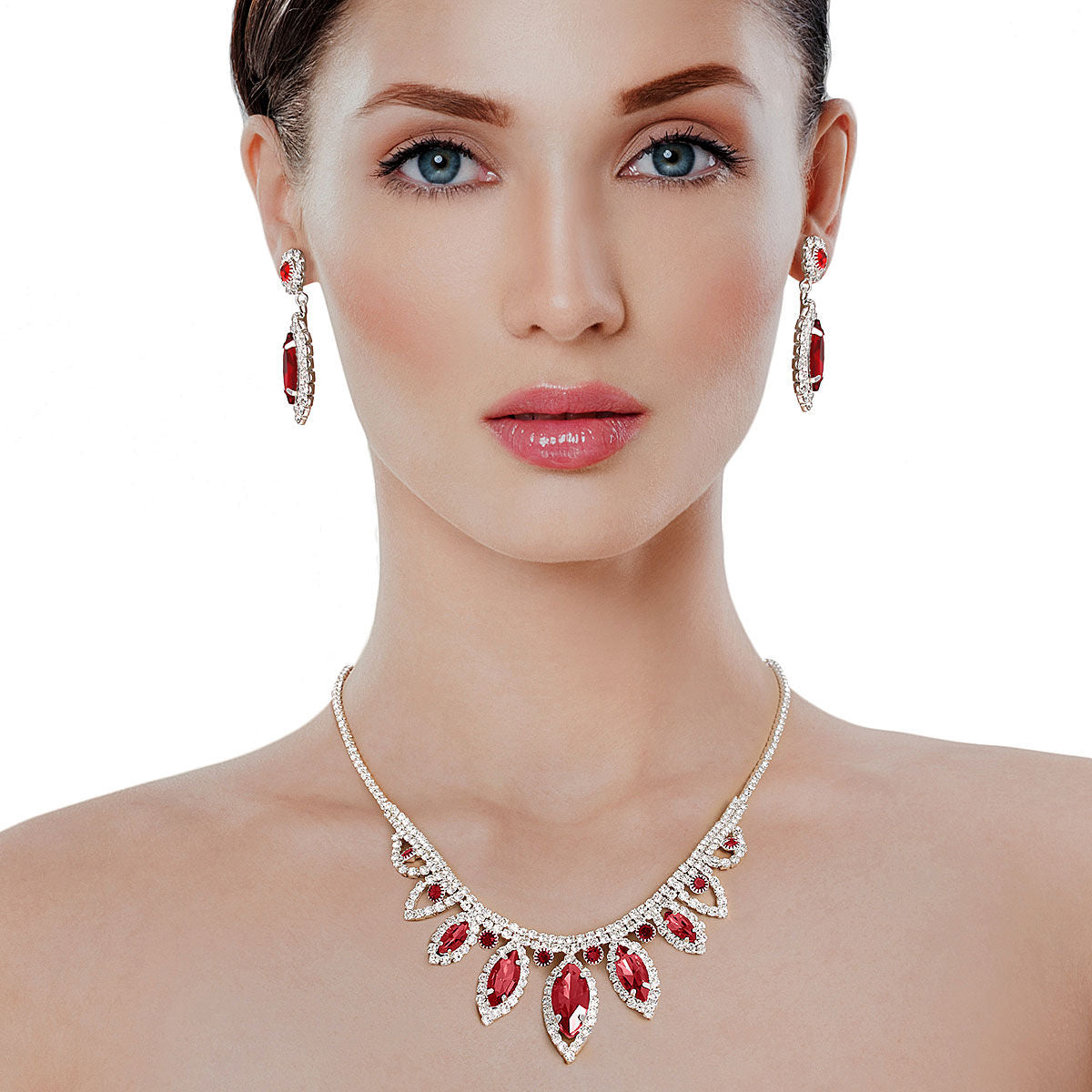 Red Marquise Crystal Silver Set